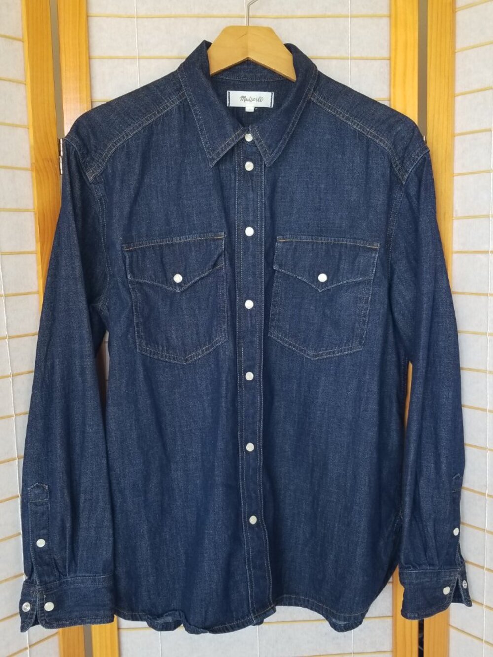 Madewell Pearl Snap Shirt Oversized Western Denim Dark Wash Size Large